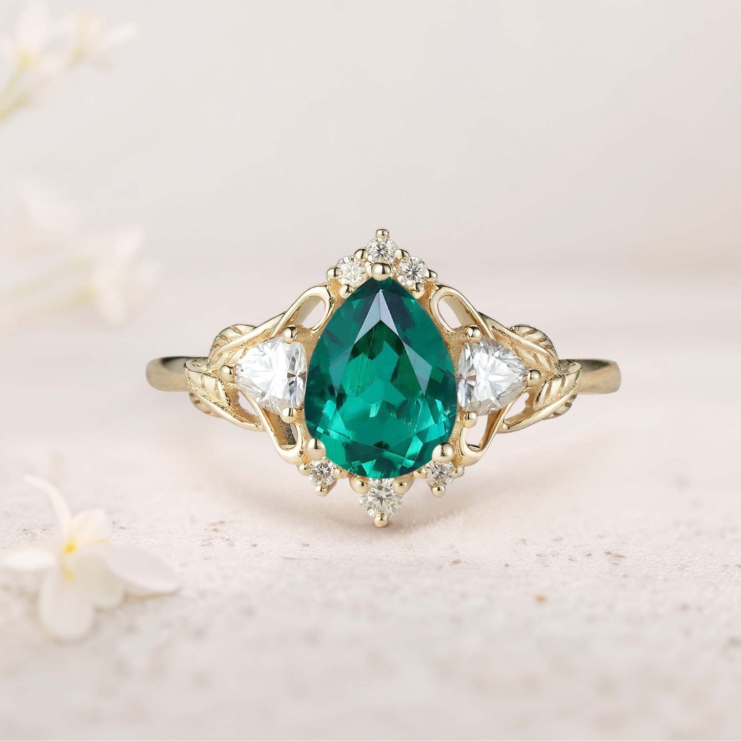Unique floral engagement rings Pear Moss Agate and Moissanite side stones Leaf Ring Engagement Ring