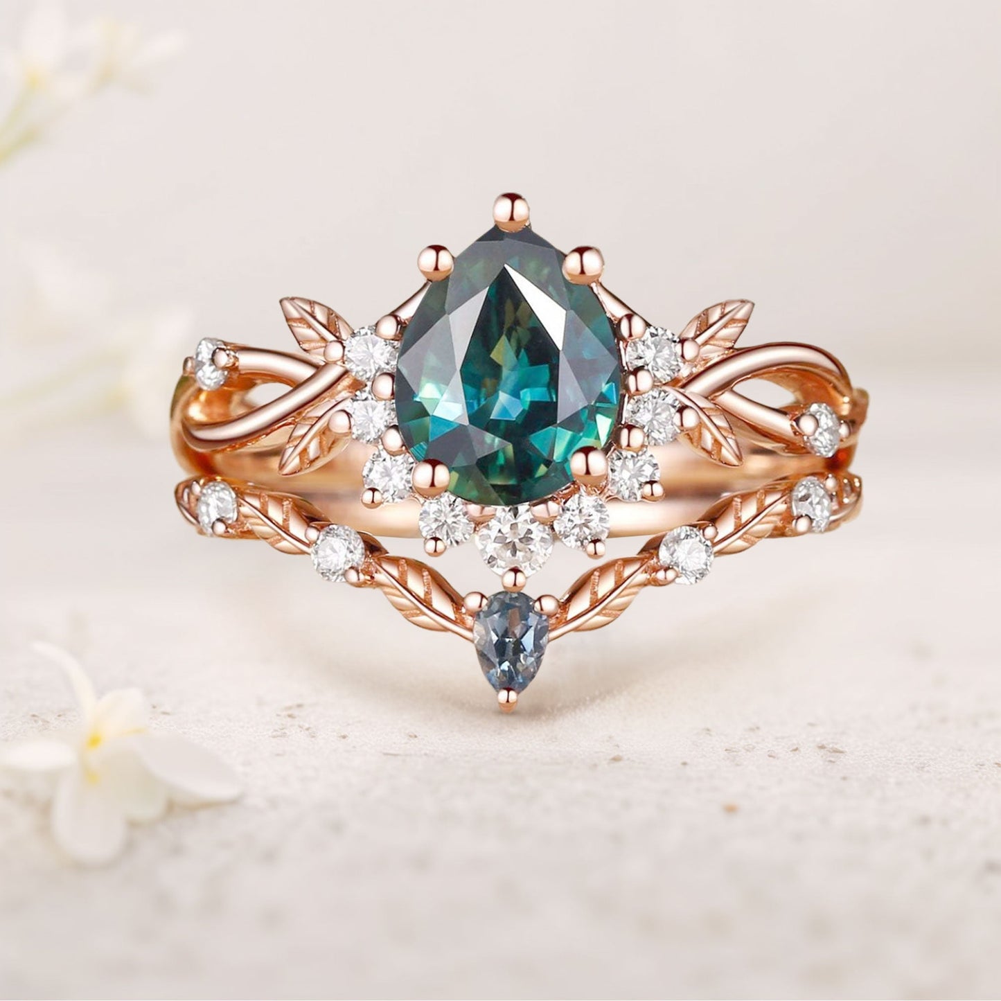 Vintage floral engagement rings Pear Green Sapphire Engagement Ring Set