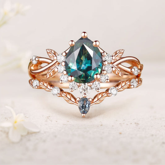 Vintage floral engagement rings Pear Green Sapphire Engagement Ring Set