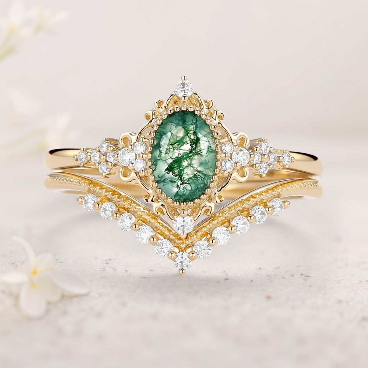 Vintage floral engagement rings Oval Moss Agate Milgrain Engagement Ring Set