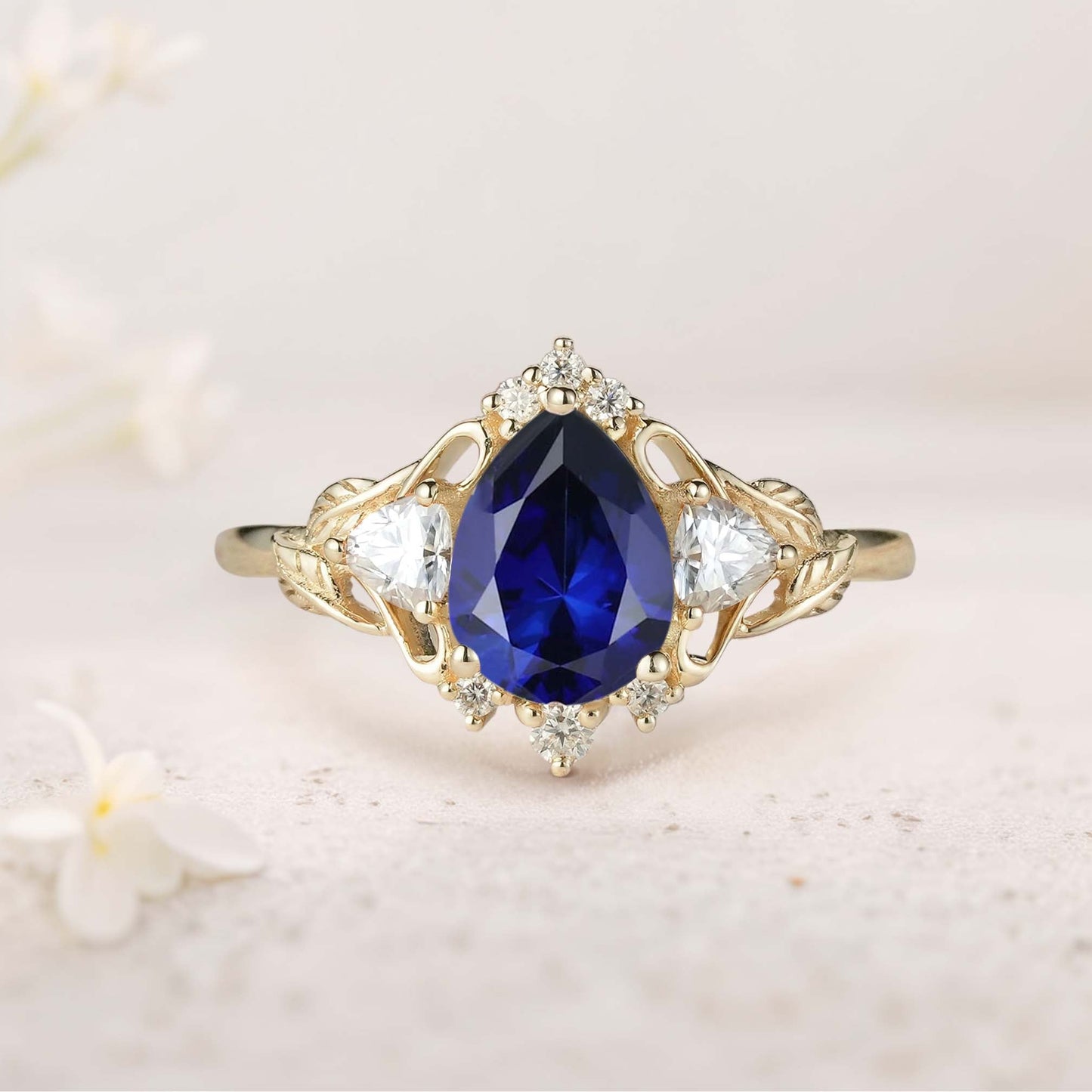 Unique floral engagement rings Pear Moss Agate and Moissanite side stones Leaf Ring Engagement Ring