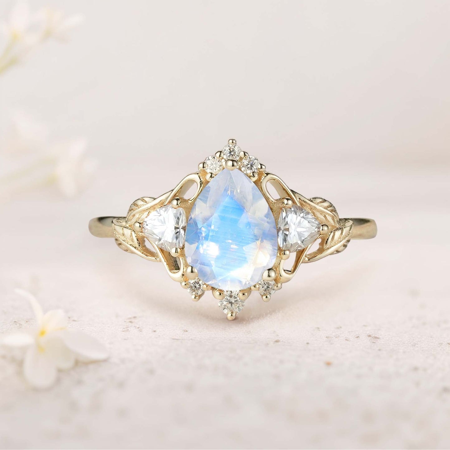 Unique floral engagement rings Pear Moss Agate and Moissanite side stones Leaf Ring Engagement Ring