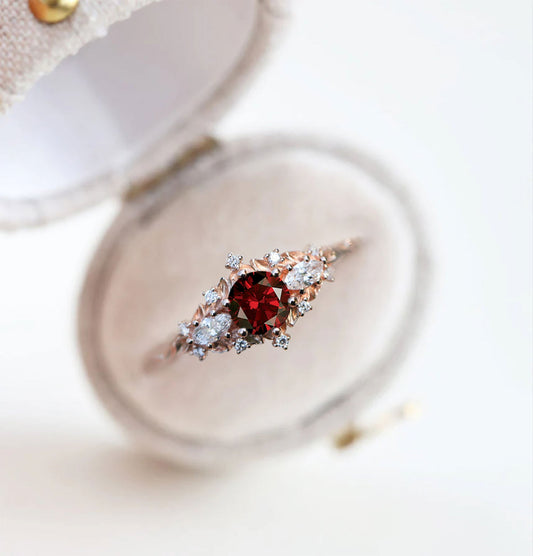 Unique Celeste Rose Three Stone Round Garnet Engagement Ring