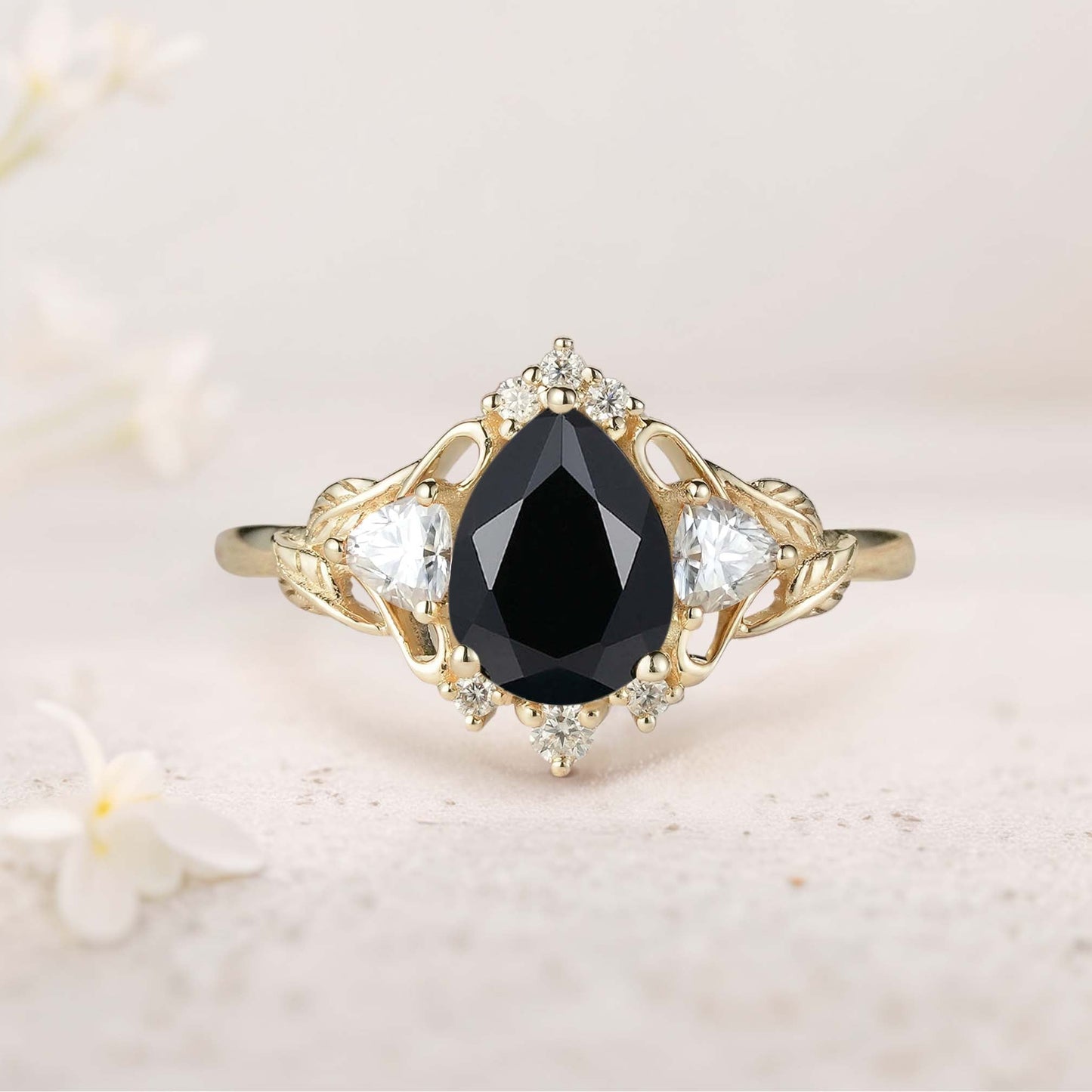 Unique floral engagement rings Pear Moss Agate and Moissanite side stones Leaf Ring Engagement Ring