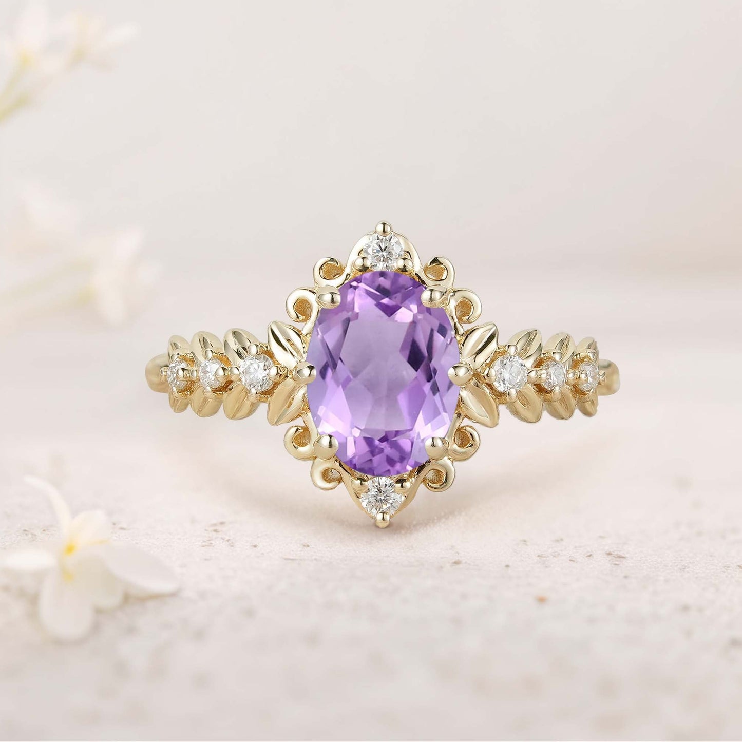 Unique Elegant Royal Oval Amethyst Filigree Leaf Engagement Ring