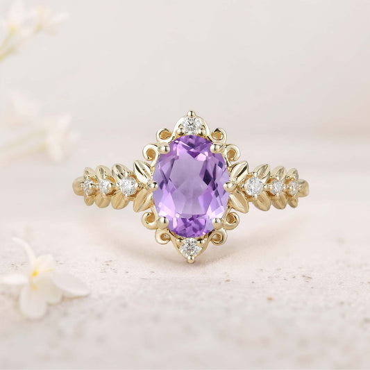 Unique Elegant Royal Oval Amethyst Filigree Leaf Engagement Ring