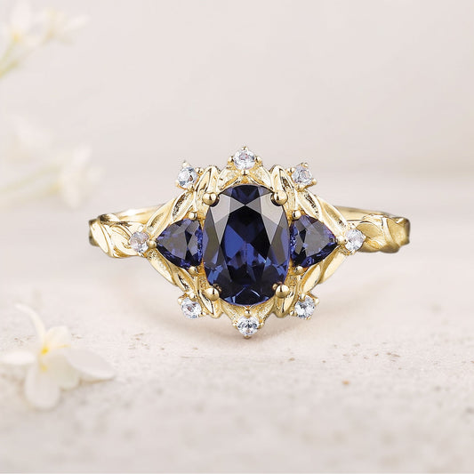 Unique floral engagement rings Oval Blue Sapphire Cluster Wedding Ring Fairy Engagement Ring