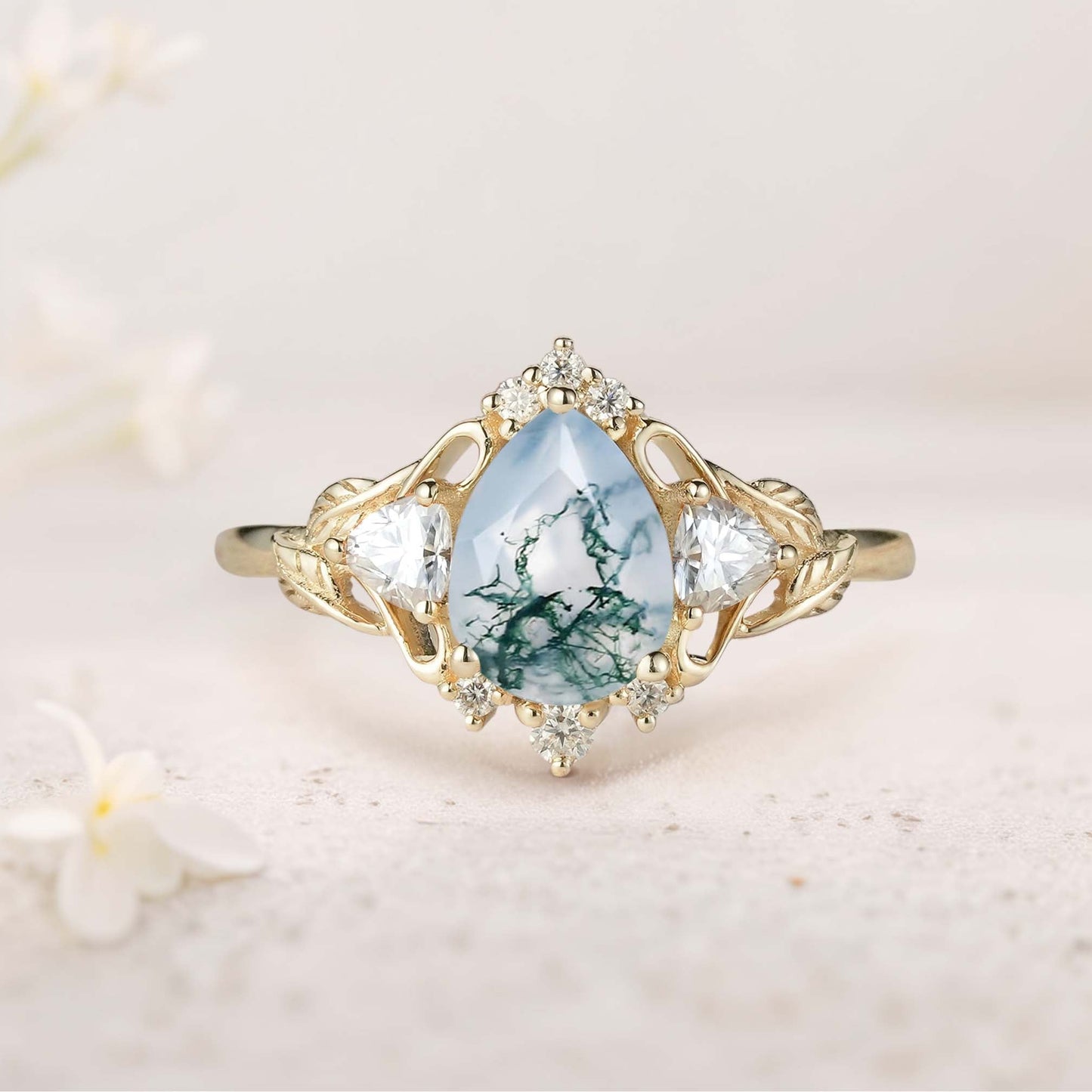 Unique floral engagement rings Pear Moss Agate and Moissanite side stones Leaf Ring Engagement Ring