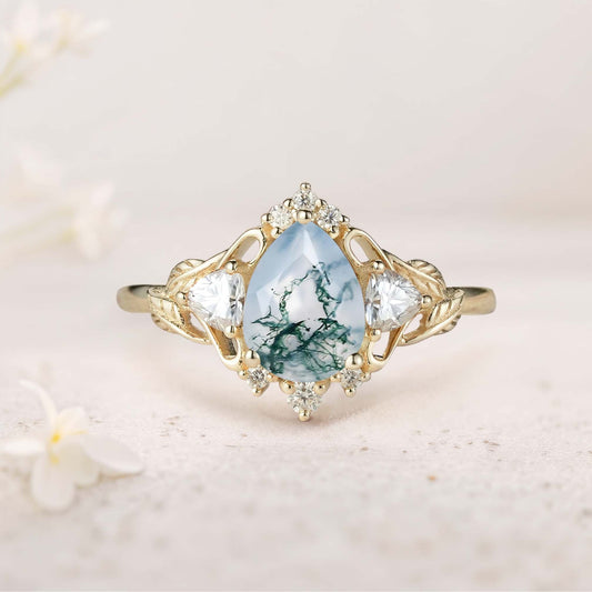 Unique floral engagement rings Pear Moss Agate and Moissanite side stones Leaf Ring Engagement Ring