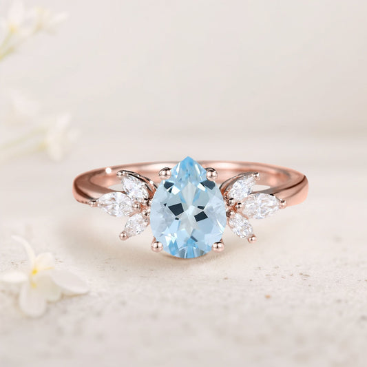 Unique Pear Aquamarine Engagement Ring Simple Cluster Bridal Ring