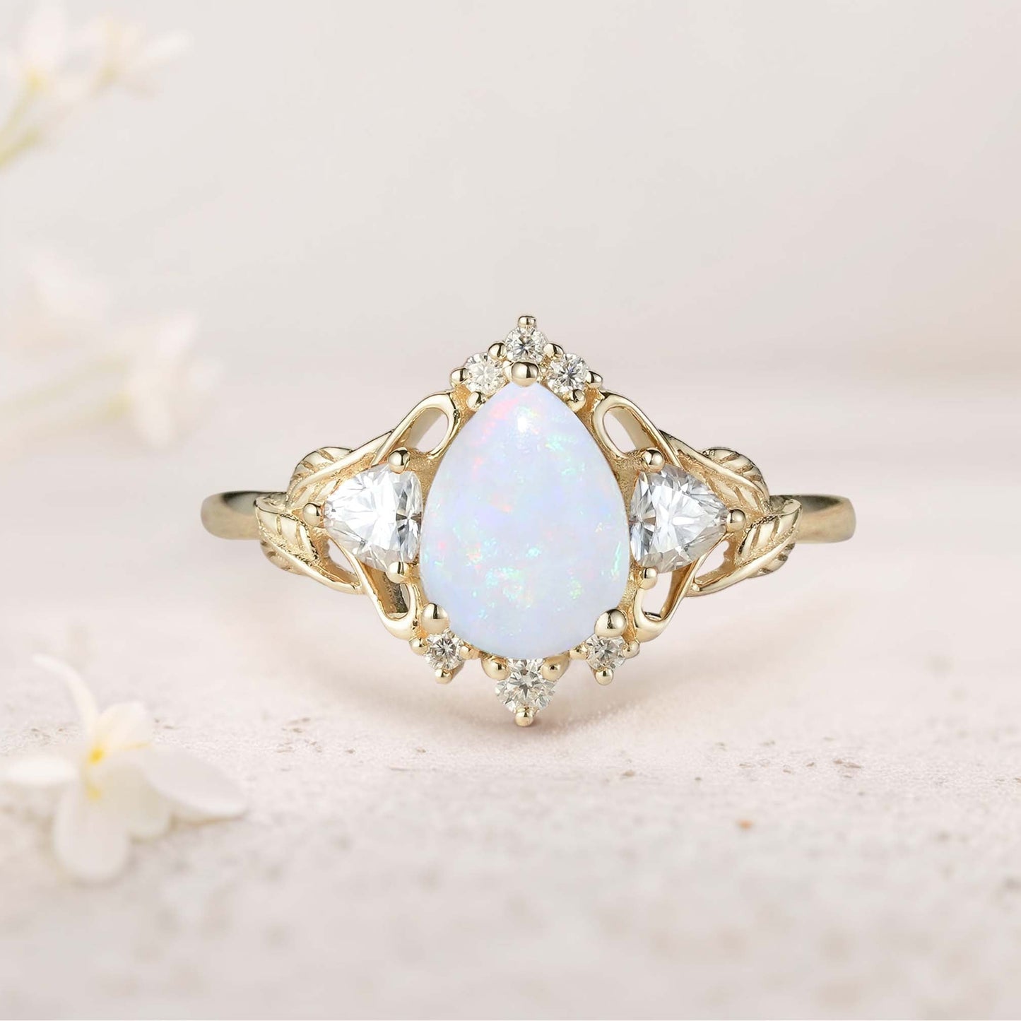 Unique floral engagement rings Pear Moss Agate and Moissanite side stones Leaf Ring Engagement Ring