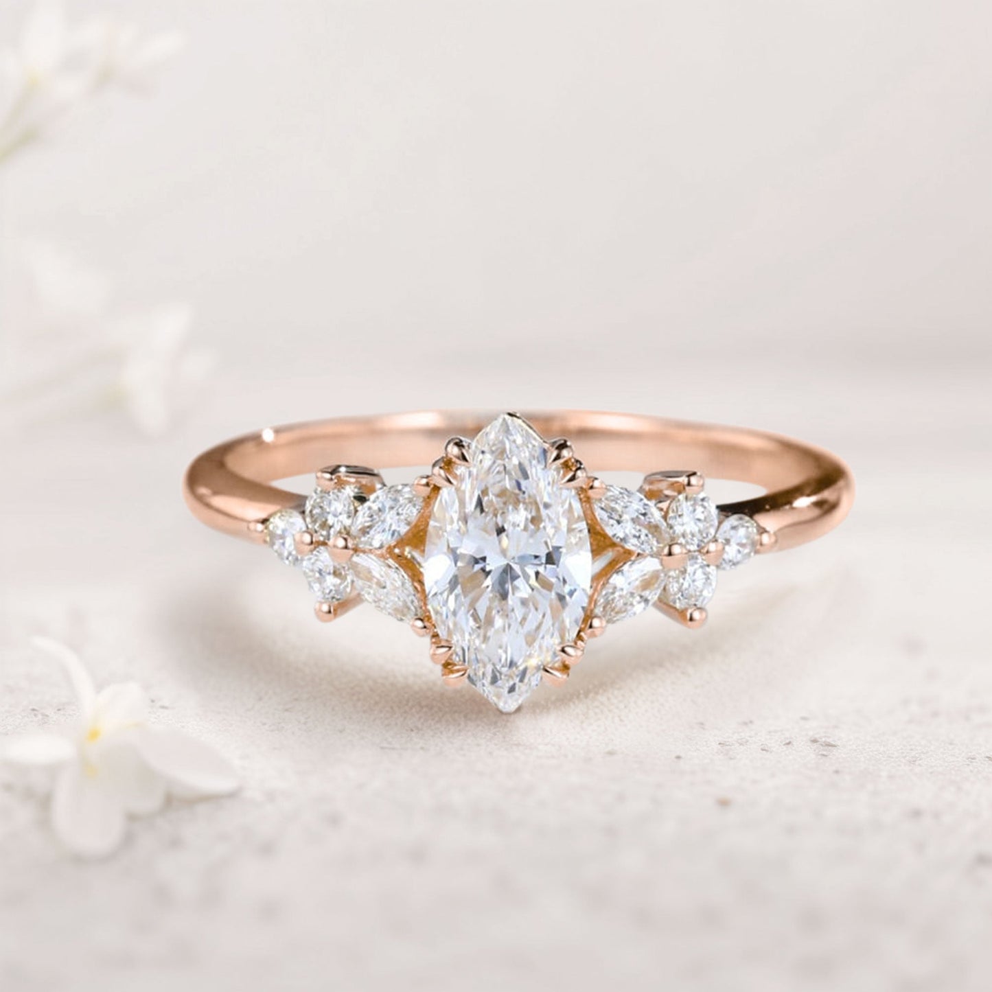 Unique Marquise Moissanite Rings Petal Side Stones Engagement Ring