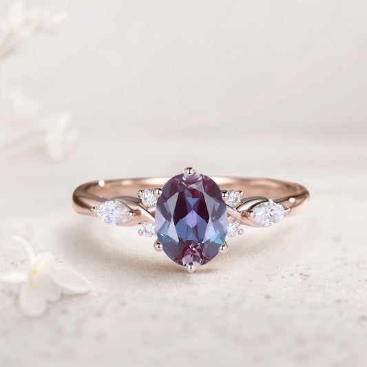 Vintage Oval Alexandrite and Moissanite Engagement Ring