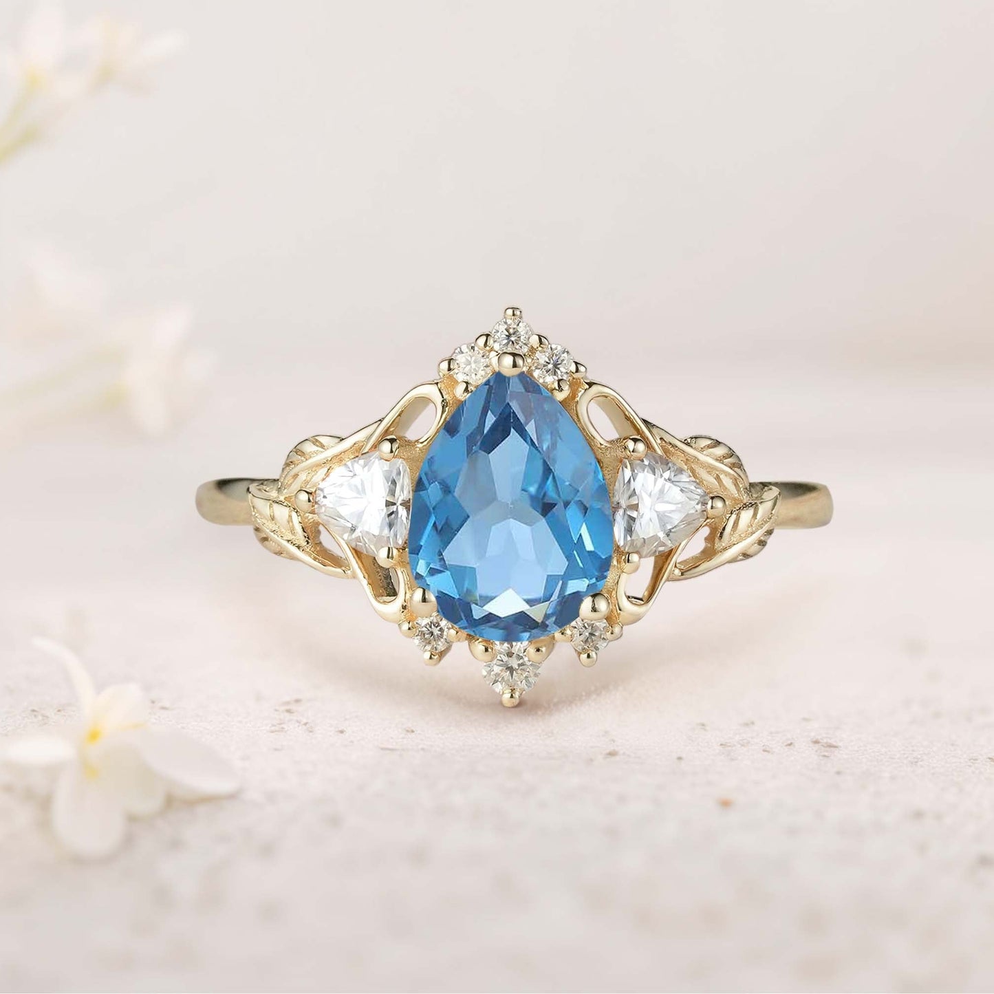 Unique floral engagement rings Pear Moss Agate and Moissanite side stones Leaf Ring Engagement Ring