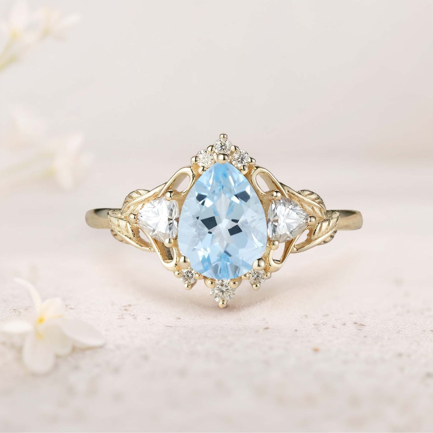Unique floral engagement rings Pear Aquamarine and Moissanite side stones Leaf Ring Engagement Ring