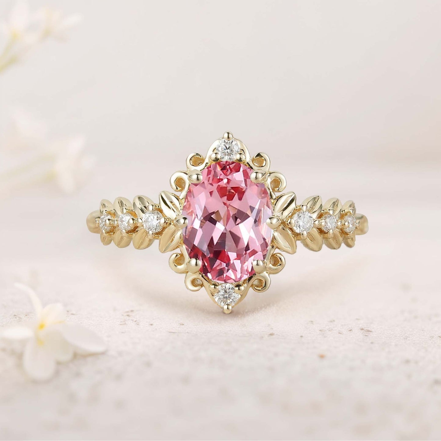Unique Elegant Royal Oval Amethyst Filigree Leaf Engagement Ring