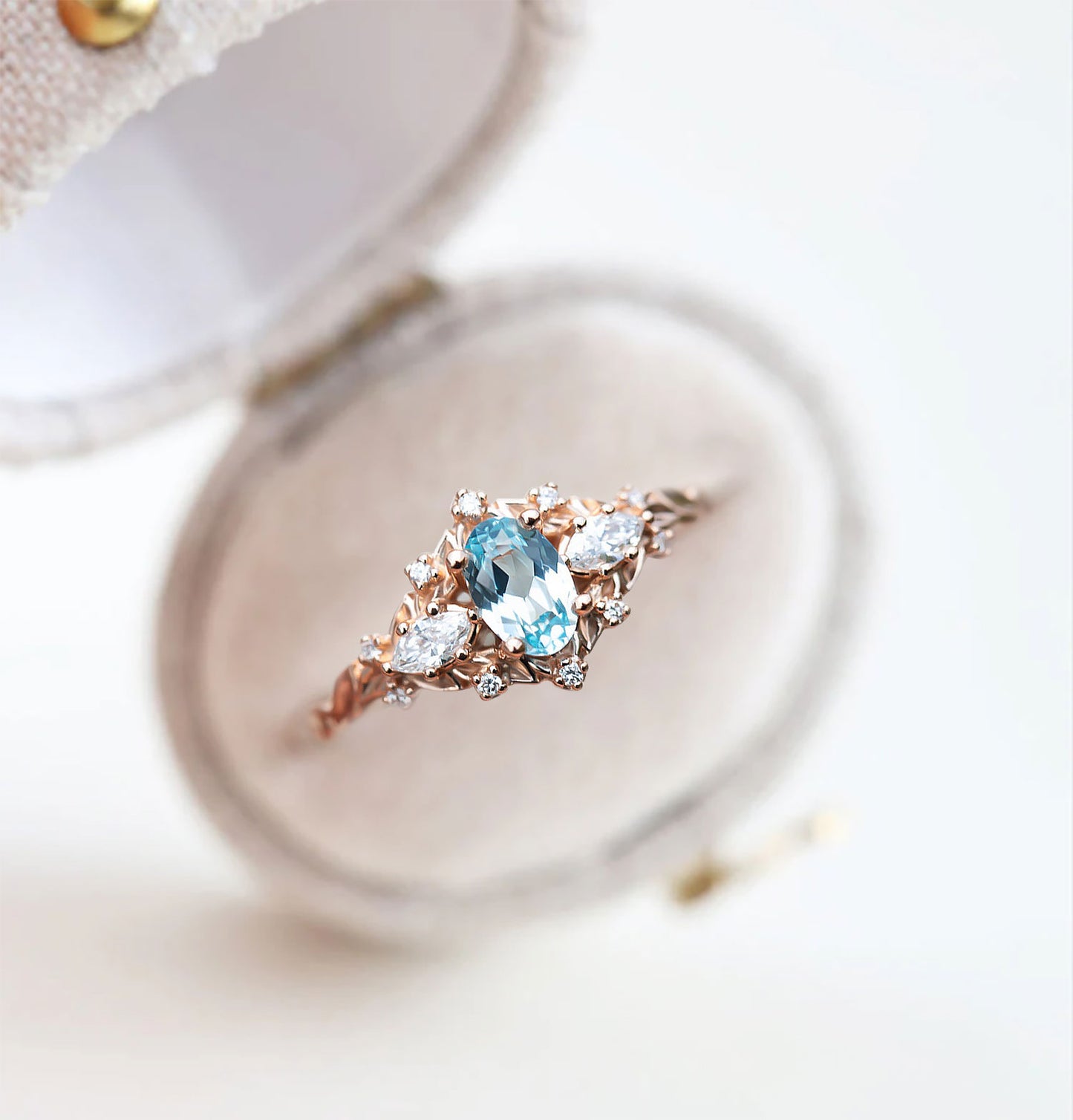 Unique Floral Rose Three Stone Oval Topaz Ring