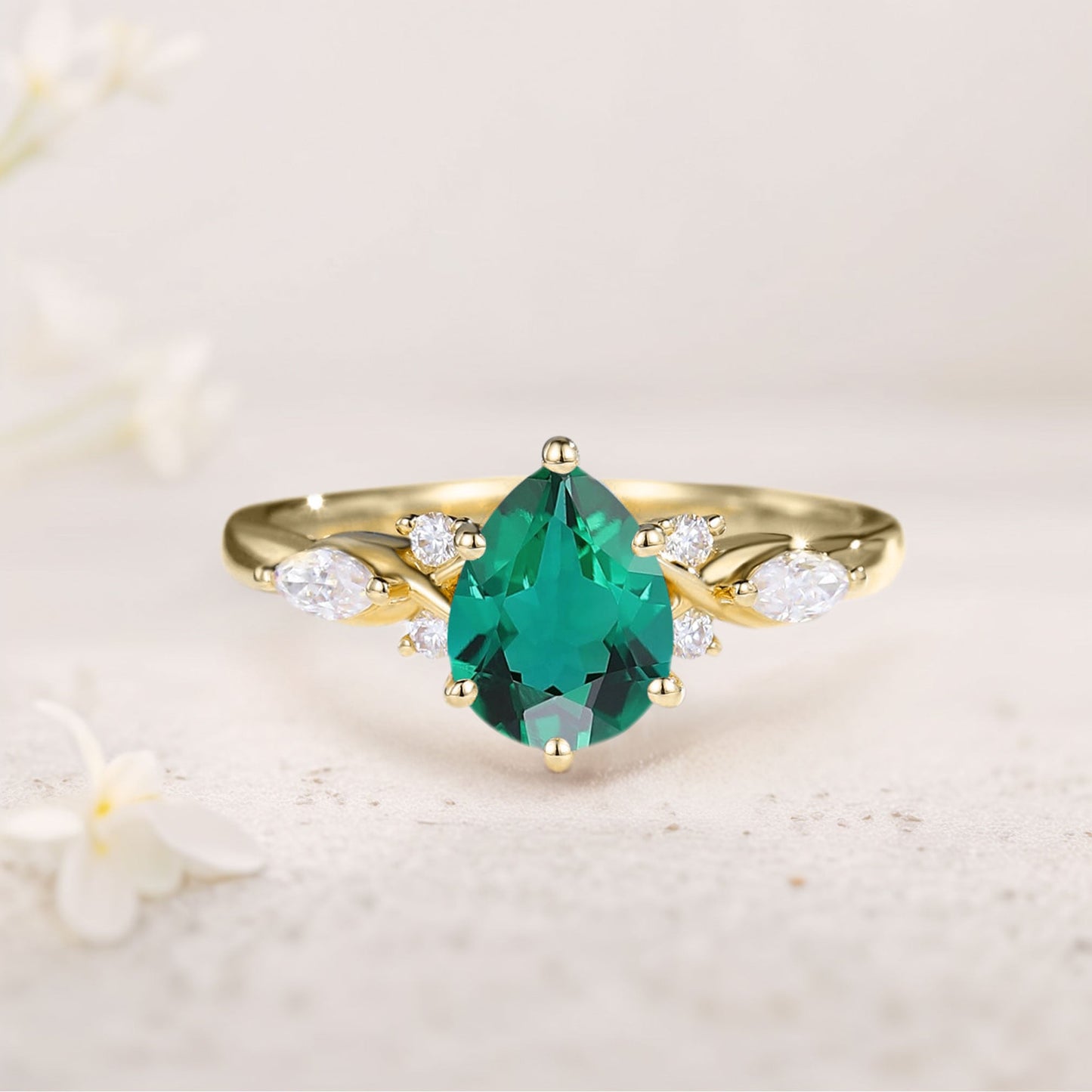 Unique Pear Emerald Split Shank Engagement Ring