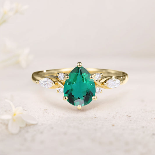 Unique Pear Emerald Split Shank Engagement Ring