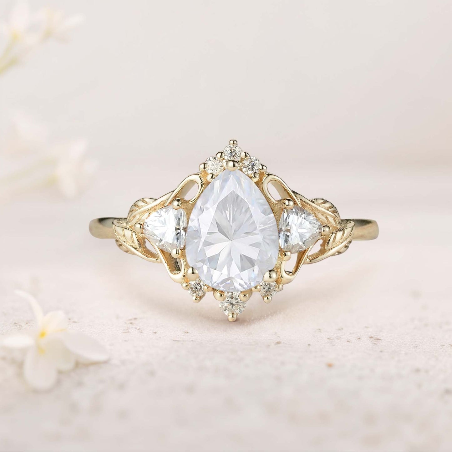 Unique floral engagement rings Pear Moss Agate and Moissanite side stones Leaf Ring Engagement Ring