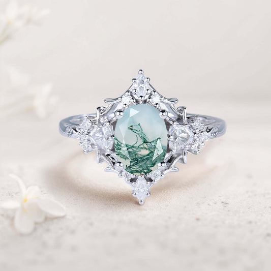 Vintage floral engagement rings Briar Rose Oval Moss Agate and Moissanite Engagement Ring Filigree Ring