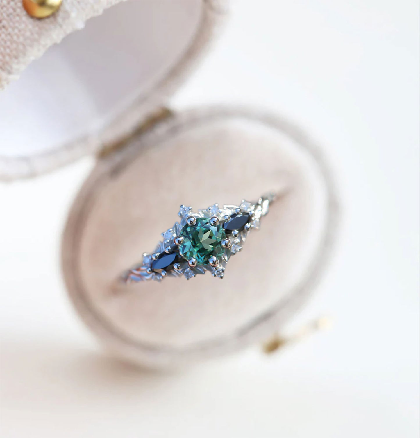 Unique Floral Rose Round Lab Green Sapphire and Black Moissanite Ring