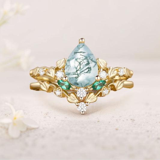 Unique floral engagement rings Leaf Pear Moss Agate Engagement Ring Set