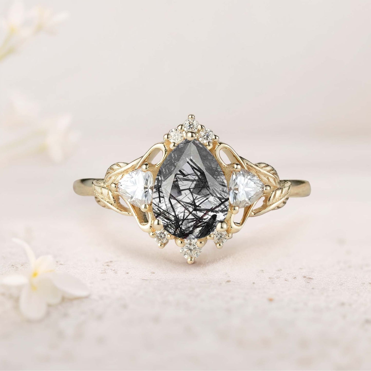 Unique floral engagement rings Pear Moss Agate and Moissanite side stones Leaf Ring Engagement Ring