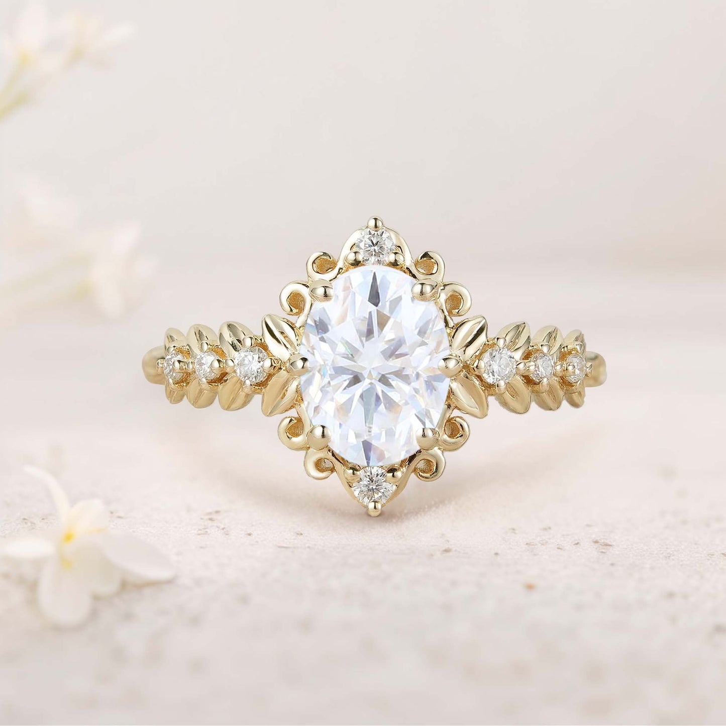 Unique Elegant Royal Oval Amethyst Filigree Leaf Engagement Ring