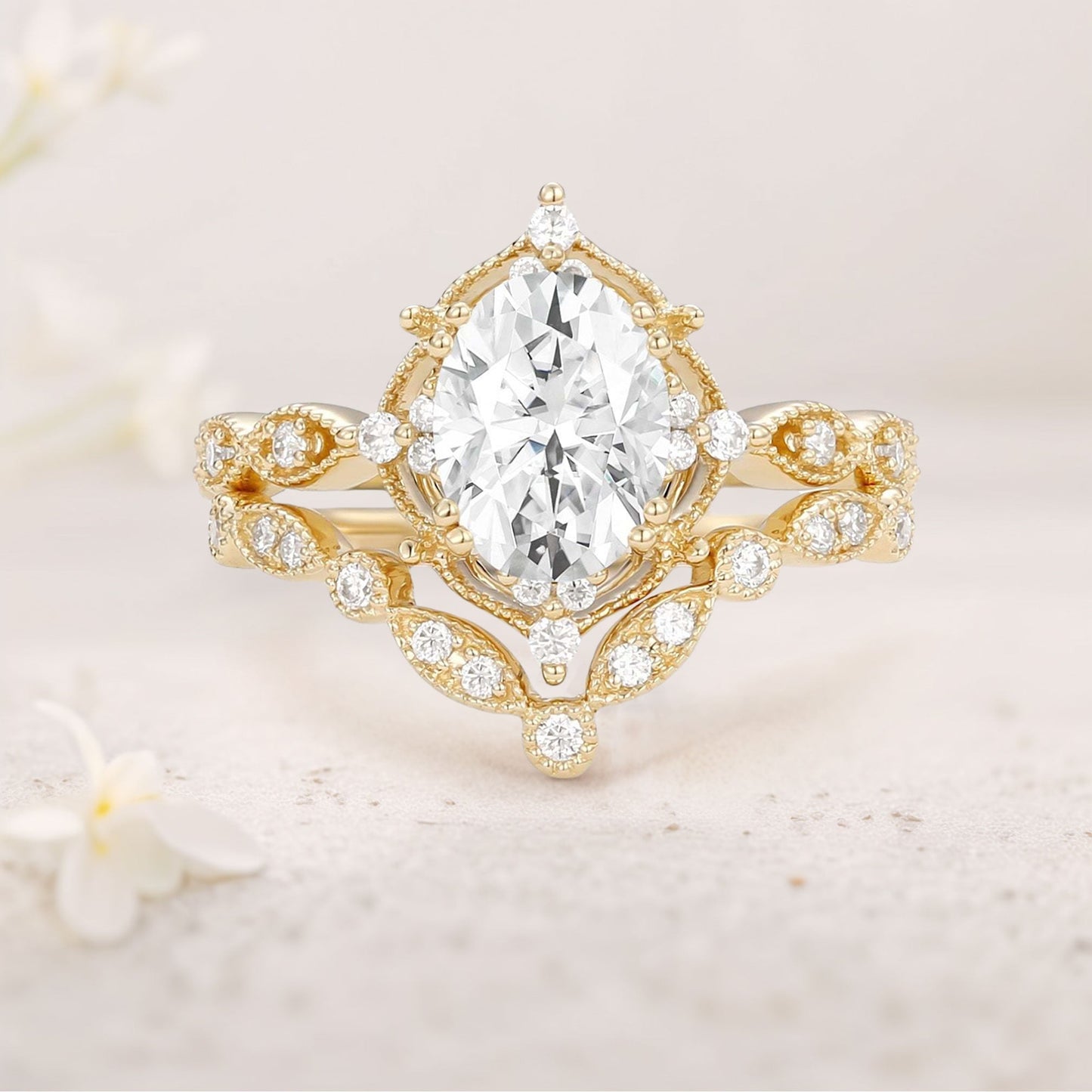 Vintage floral engagement rings Oval Moissanite Signature Ring Bridal Ring Set