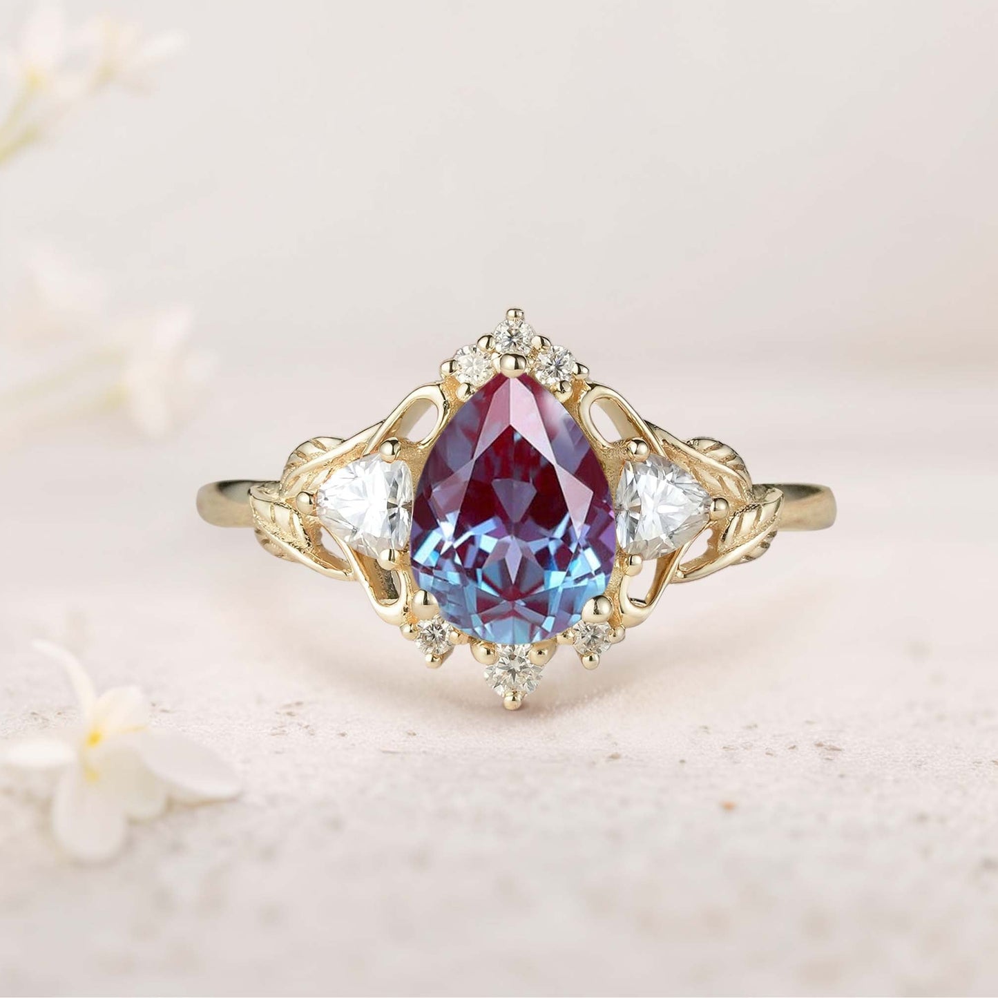 Unique floral engagement rings Pear Moss Agate and Moissanite side stones Leaf Ring Engagement Ring