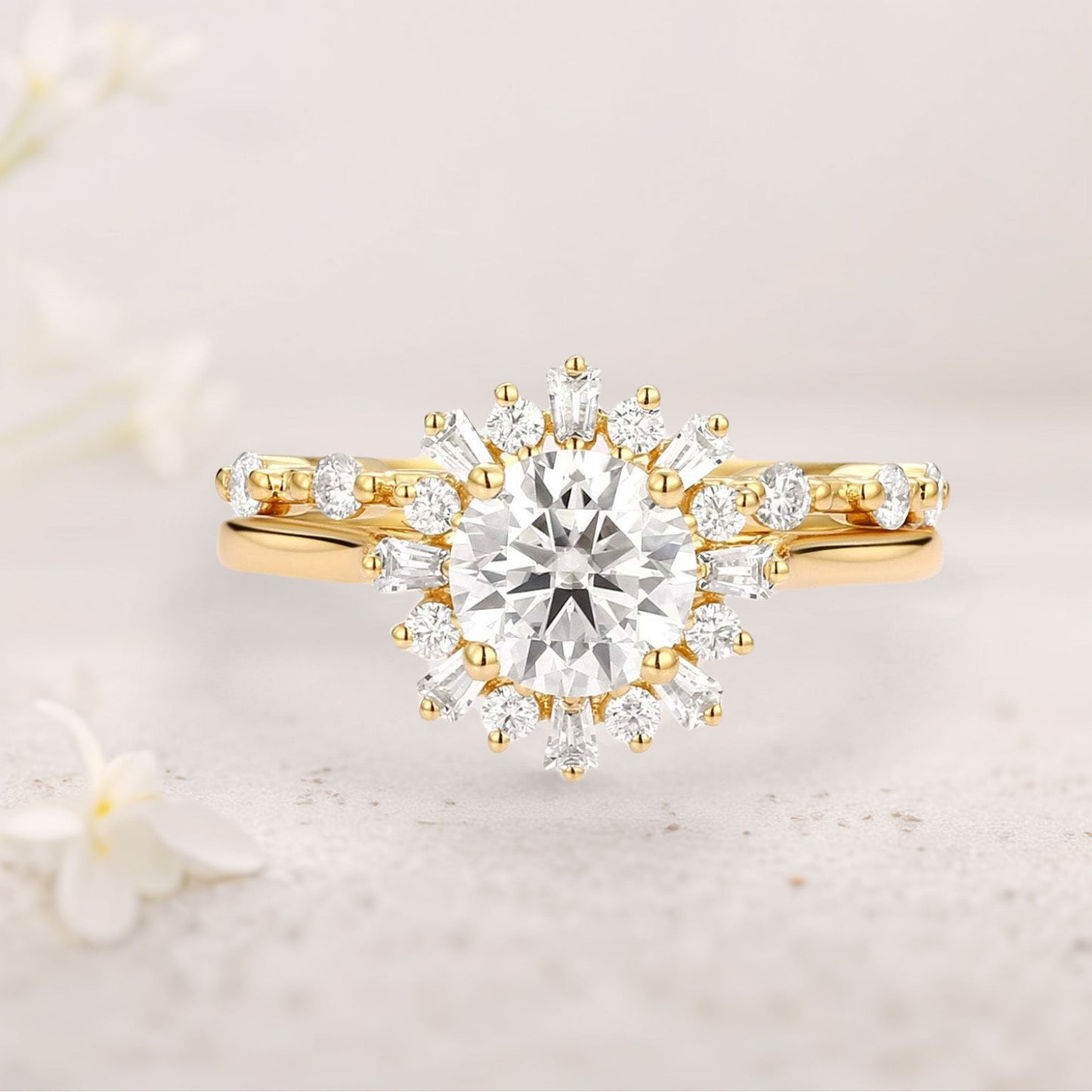 Unique floral engagement rings Round Moissanite Halo Floral Ring Set