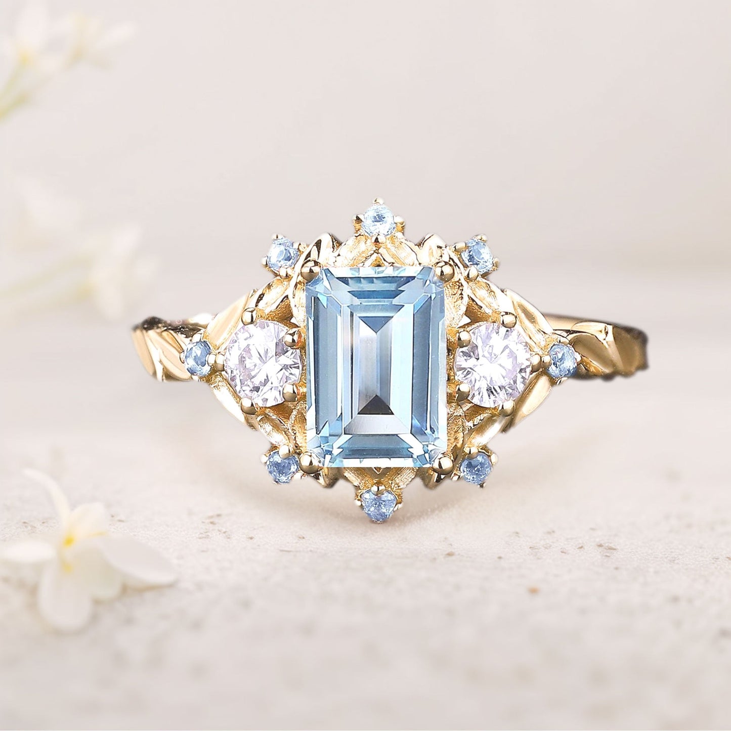 Unique floral engagement rings Natural Aquamarine Leaf Engagement Ring Promise Ring