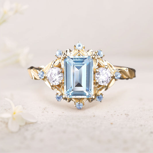 Unique floral engagement rings Natural Aquamarine Leaf Engagement Ring Promise Ring