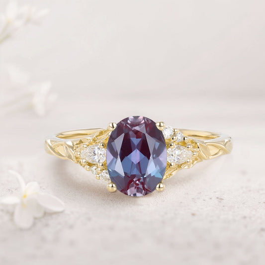 Unique Oval Alexandrite and Moissanite Wedding Ring