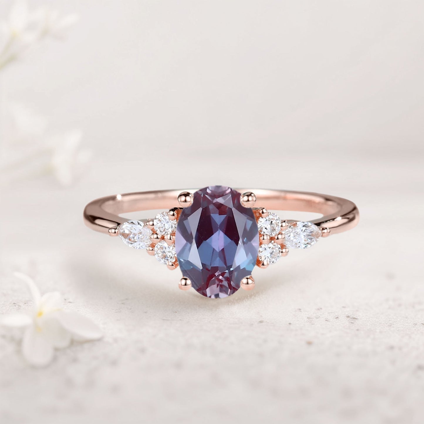 Vintage Oval Alexandrite Cluster Engagement Ring