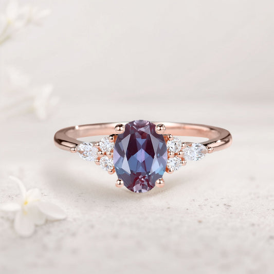 Vintage Oval Alexandrite Cluster Engagement Ring