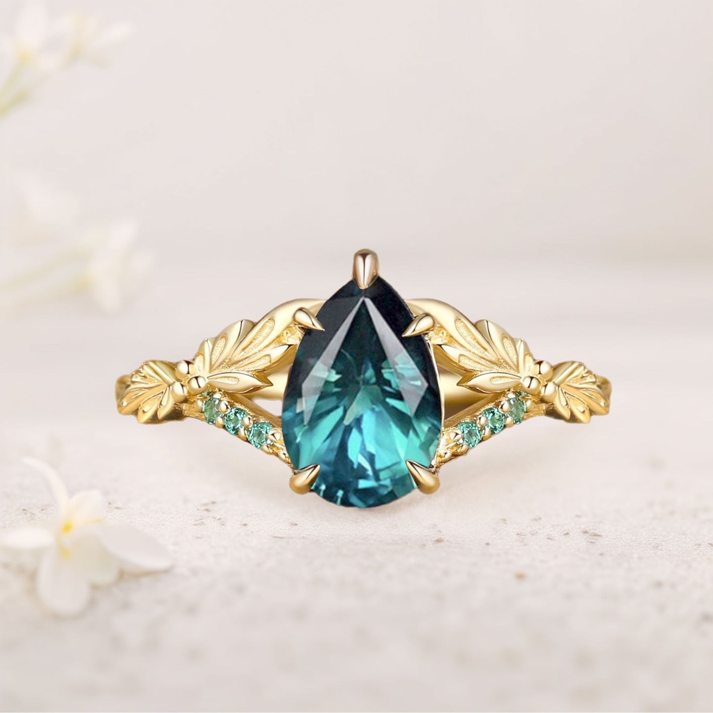 Unique floral engagement rings Pear Green Sapphire Leaf Engagement Ring