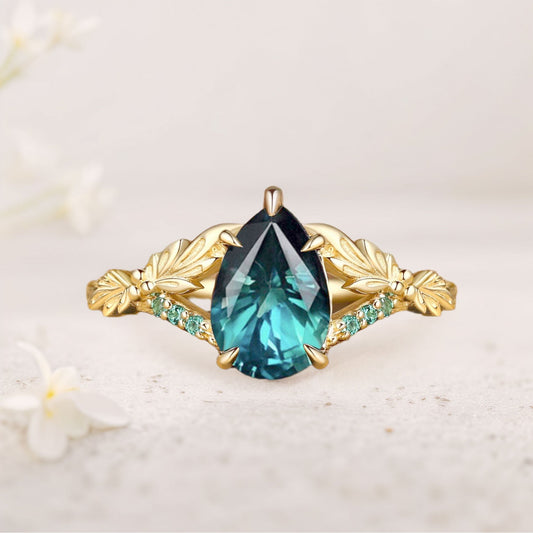 Unique floral engagement rings Pear Green Sapphire Leaf Engagement Ring