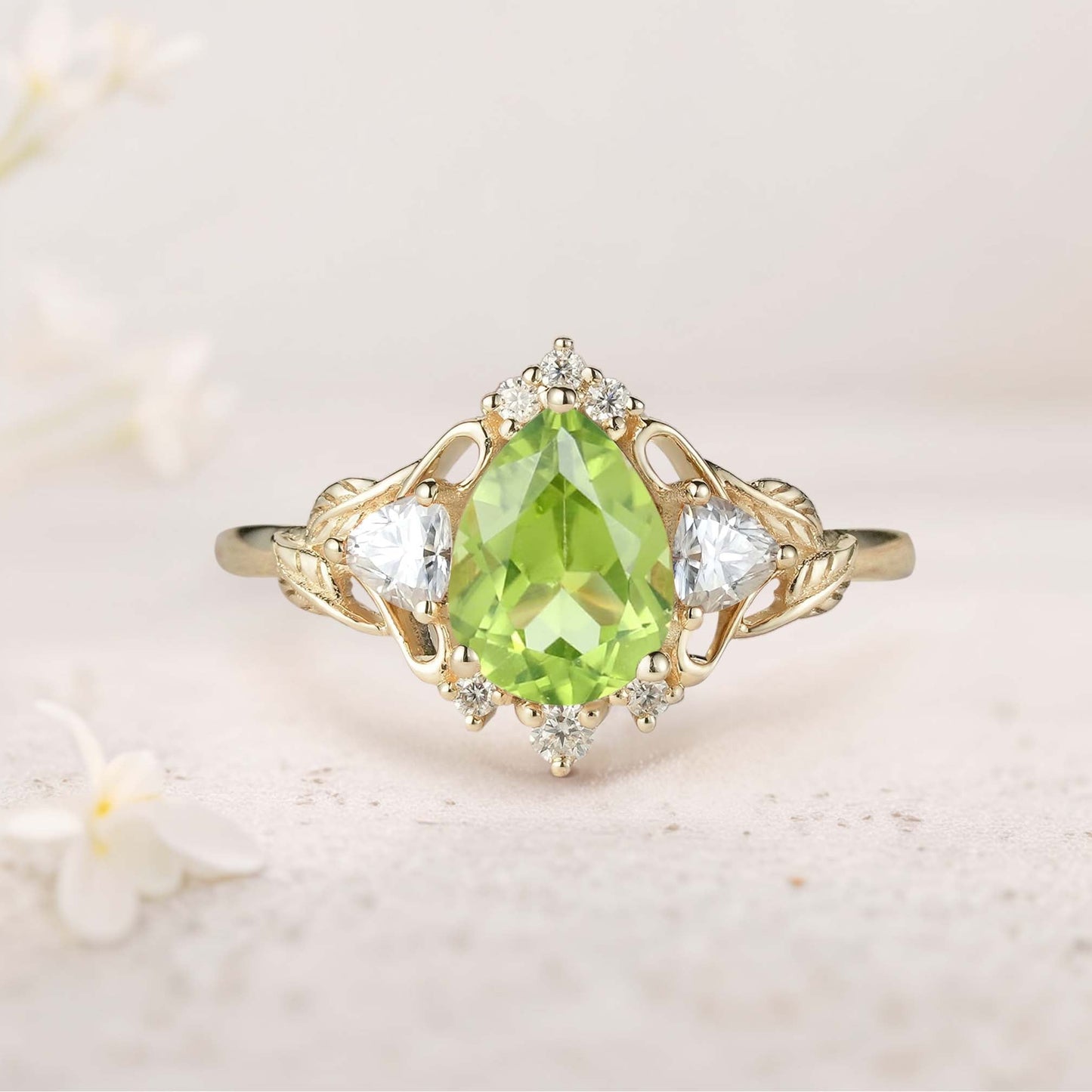Unique floral engagement rings Pear Moss Agate and Moissanite side stones Leaf Ring Engagement Ring