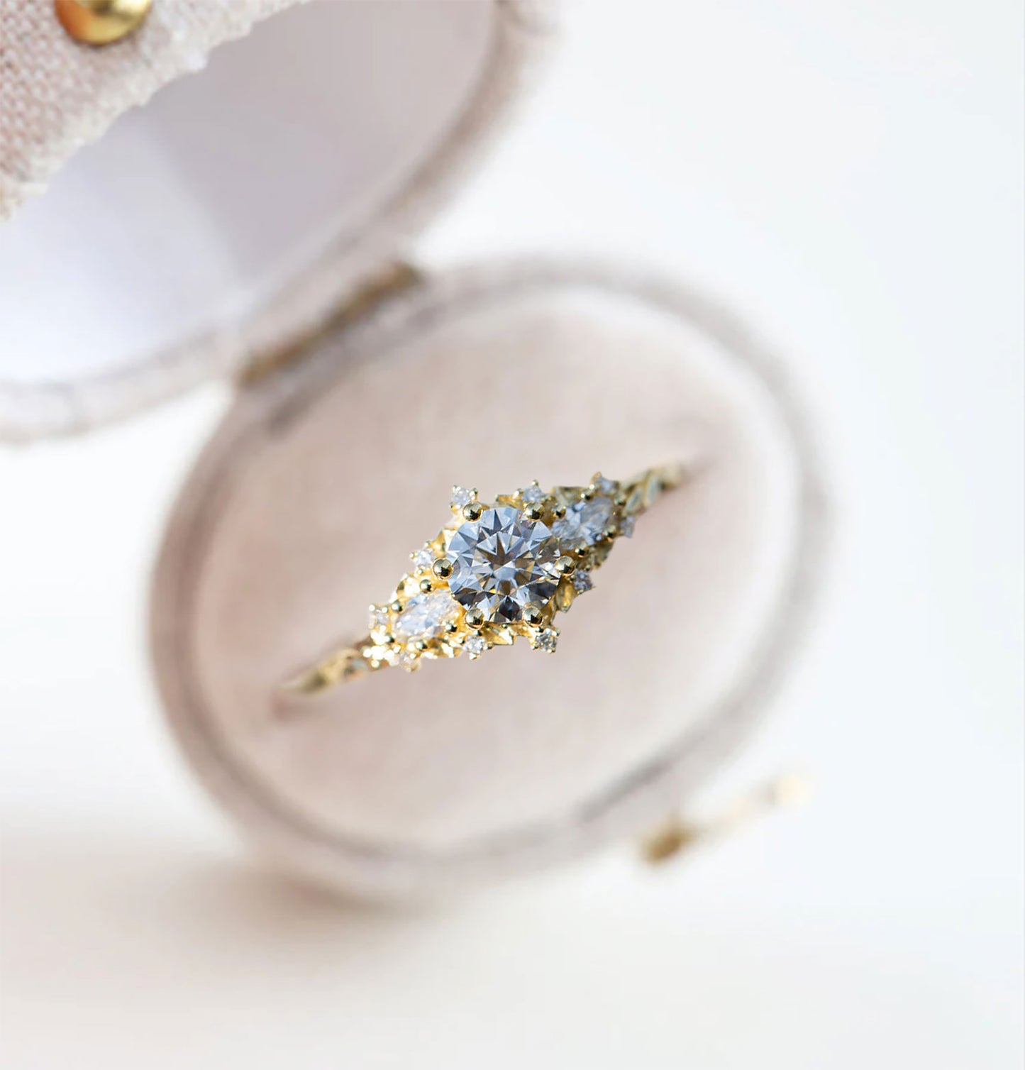 Unique floral engagement rings Rose Three Stone Round Moissanite Ring