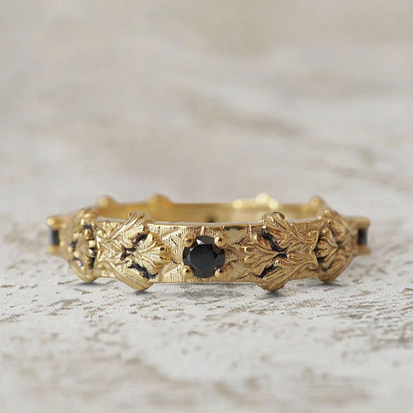 Unique Gothic Acanthus Round Lab Black Onyx Ring Band For Men