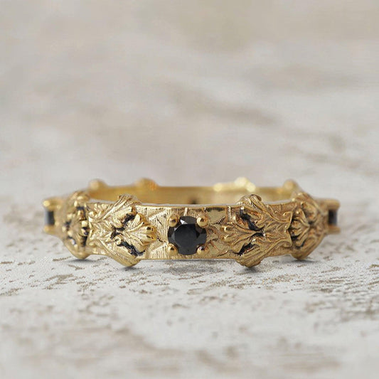Unique Gothic Acanthus Round Lab Black Onyx Ring Band For Men