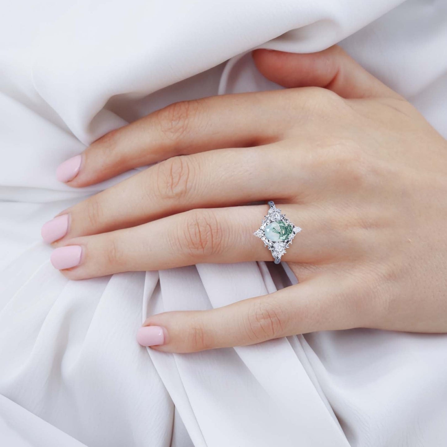 Vintage floral engagement rings Briar Rose Oval Moss Agate and Moissanite Engagement Ring Filigree Ring