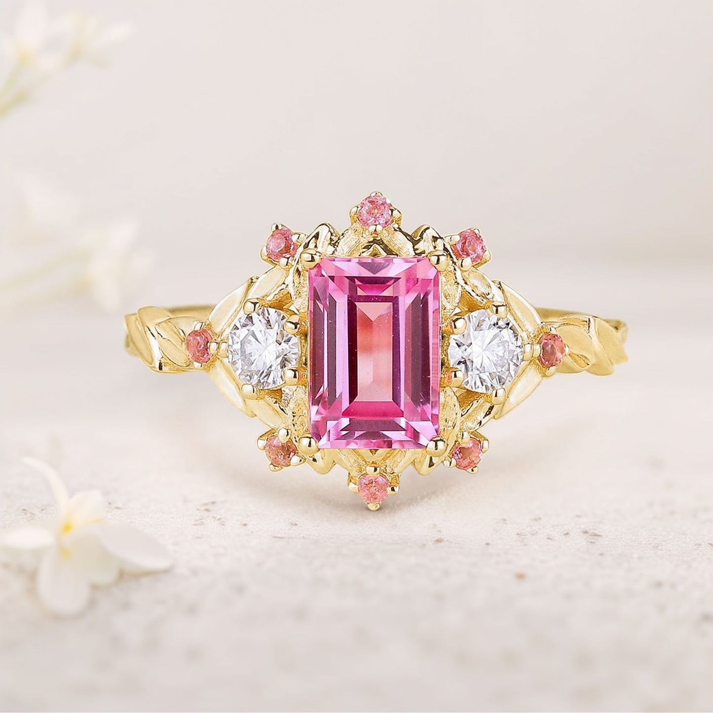 Unique floral engagement rings Emerald Cut Padparadscha Engagement Ring Leaf Design Padparadscha Cluster Wedding Ring