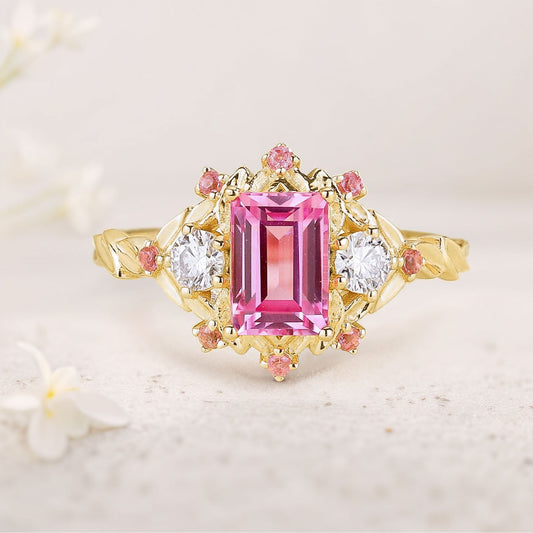 Unique floral engagement rings Emerald Cut Padparadscha Engagement Ring Leaf Design Padparadscha Cluster Wedding Ring