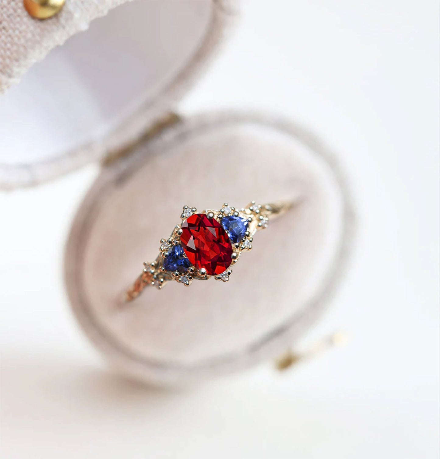 Unique Celeste Rose Oval Garnet and Lab Sapphire Ring