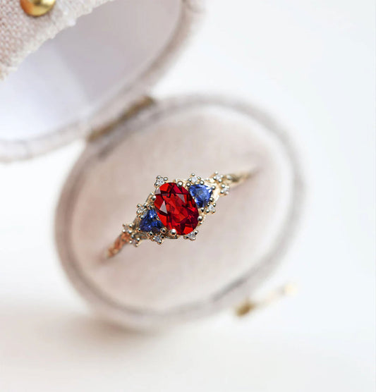 Unique Celeste Rose Oval Garnet and Lab Sapphire Ring
