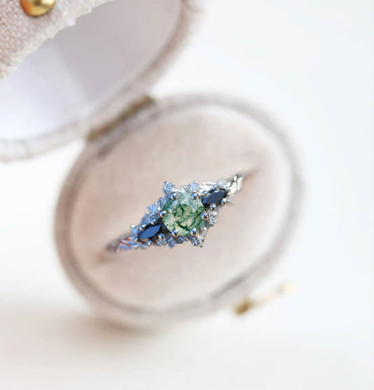Unique Floral Rose Round Moss Agate and Black Moissanite Ring