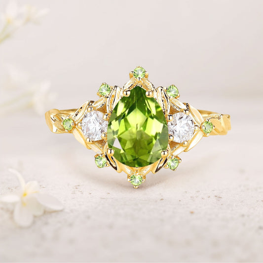 Unique floral engagement rings Pear Peridot Flower Engagement Ring Peridot Halo Leaf Wedding Ring